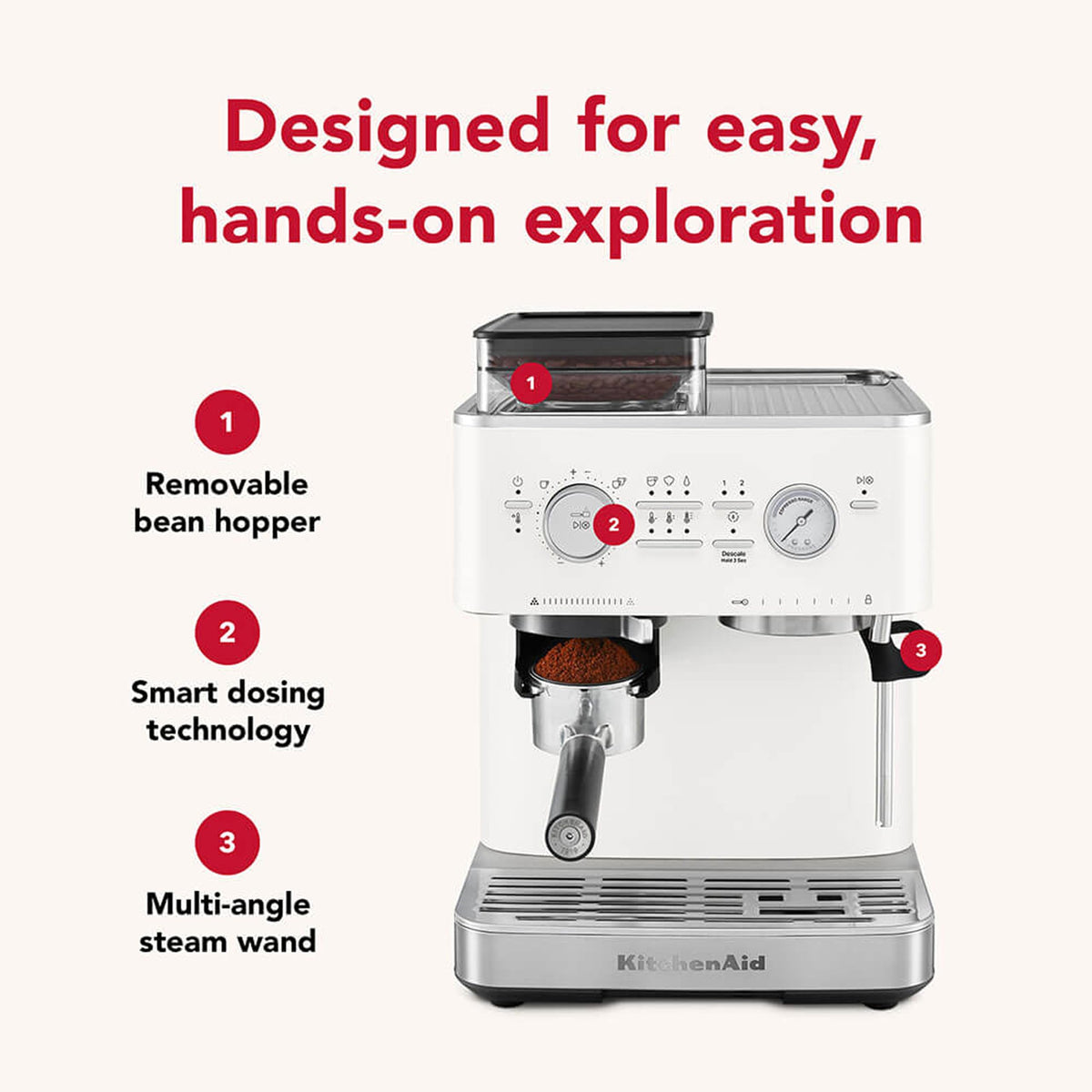 KitchenAid Semi-Automatic Espresso Machine, Integrated Conical Burr Grinder, 15-Bar Pump, Smart Dosing Technology, Professional 58mm Portafilter, Steam Wand, 2.5L Water Tank, Cast Iron Black