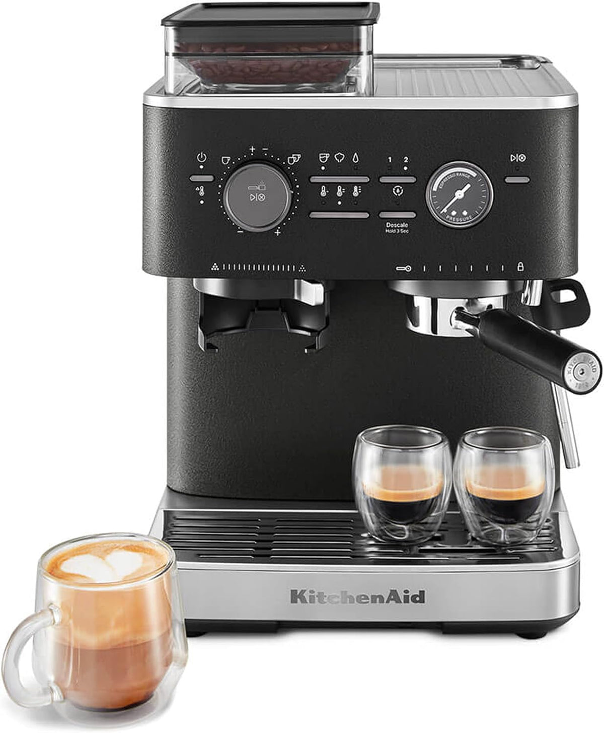 KitchenAid Semi-Automatic Espresso Machine, Integrated Conical Burr Grinder, 15-Bar Pump, Smart Dosing Technology, Professional 58mm Portafilter, Steam Wand, 2.5L Water Tank, Cast Iron Black