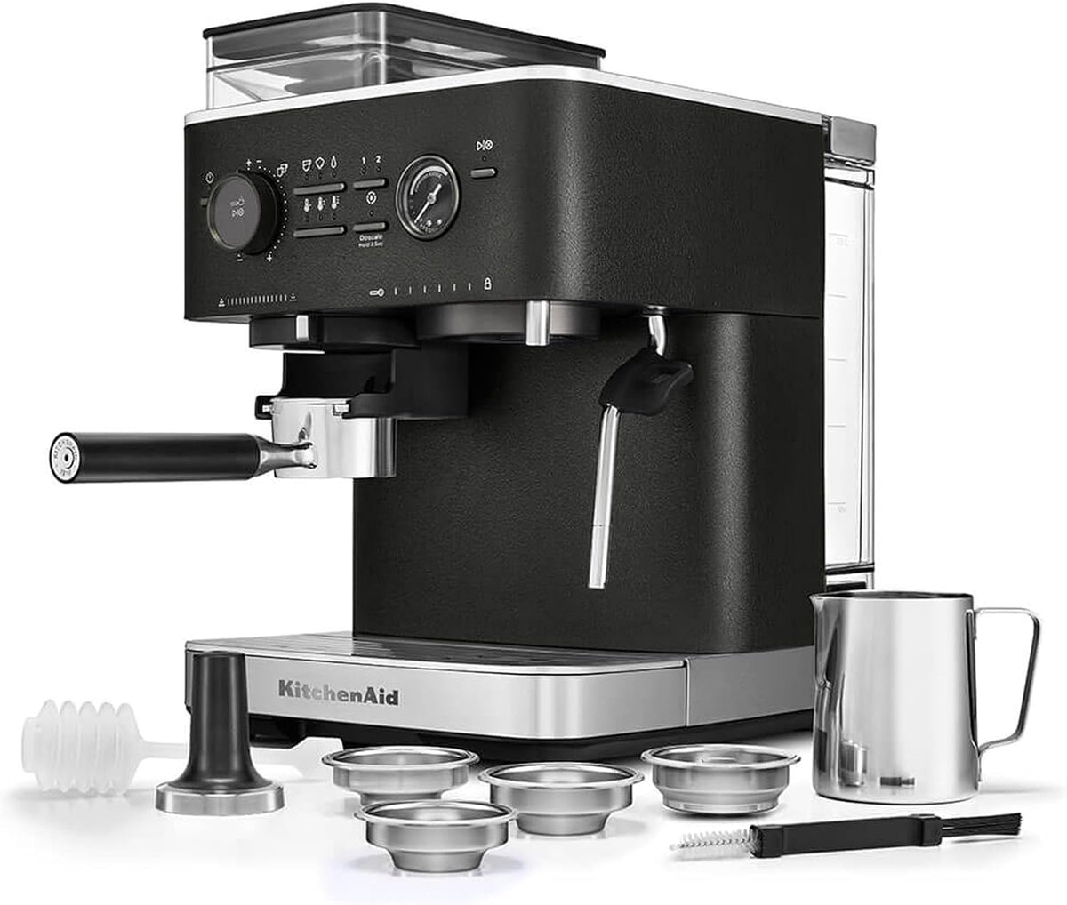 KitchenAid Semi-Automatic Espresso Machine, Integrated Conical Burr Grinder, 15-Bar Pump, Smart Dosing Technology, Professional 58mm Portafilter, Steam Wand, 2.5L Water Tank, Cast Iron Black