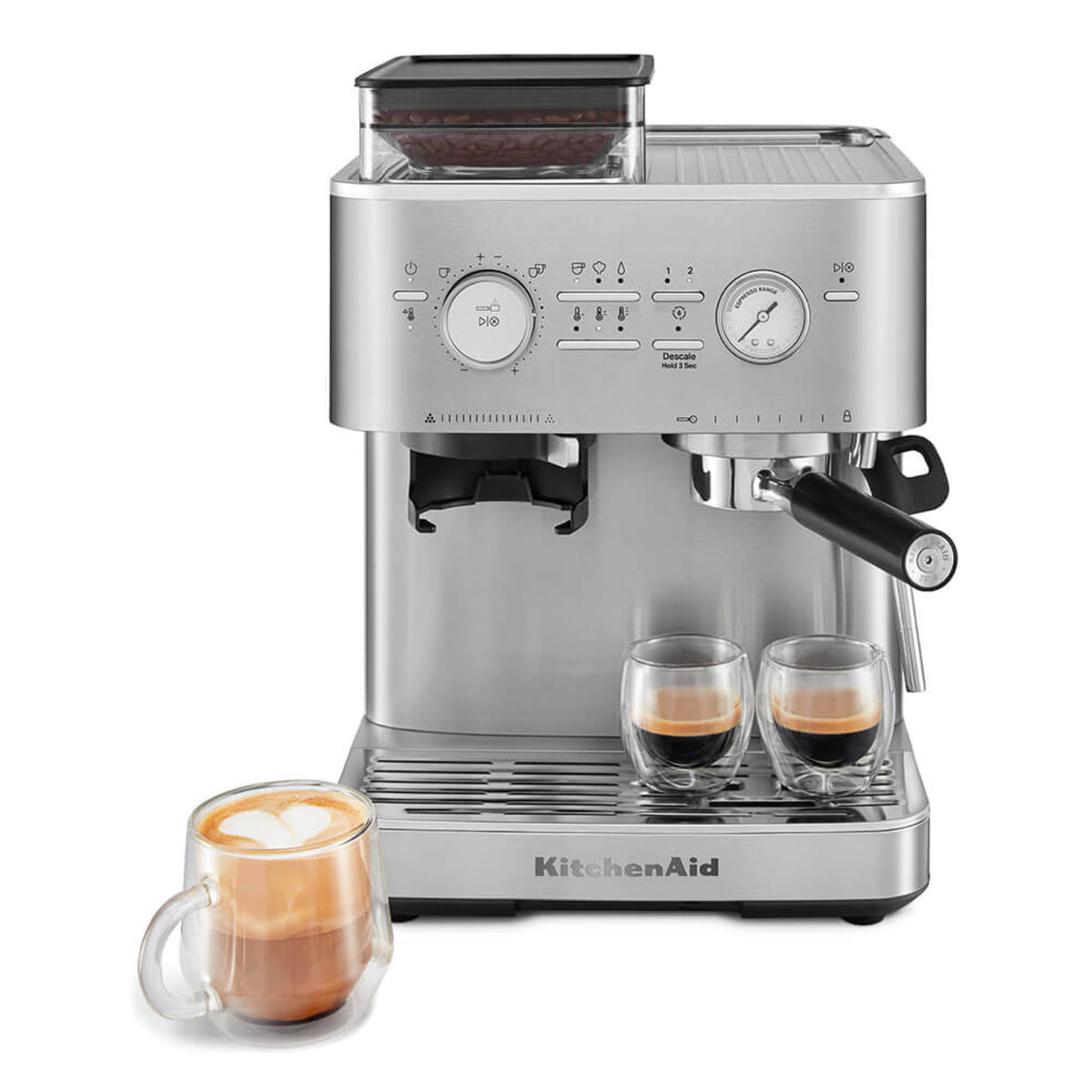 KitchenAid Semi-Automatic Espresso Machine, Integrated Conical Burr Grinder, 15-Bar Pump, Smart Dosing Technology, Professional 58mm Portafilter, Steam Wand, 2.5L Water Tank, Cast Iron Black