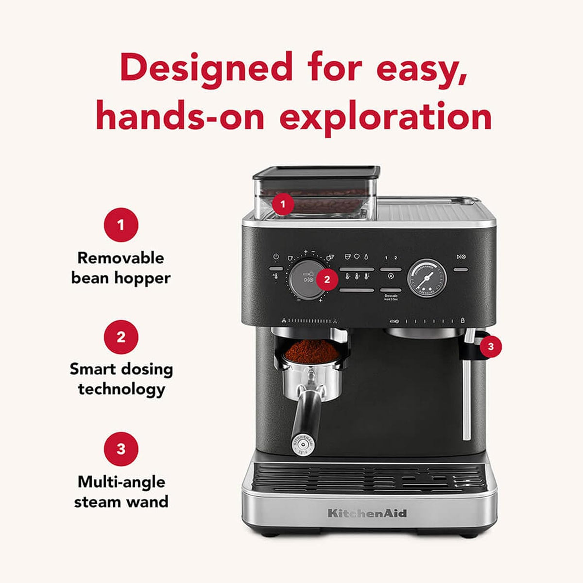KitchenAid Semi-Automatic Espresso Machine, Integrated Conical Burr Grinder, 15-Bar Pump, Smart Dosing Technology, Professional 58mm Portafilter, Steam Wand, 2.5L Water Tank, Cast Iron Black