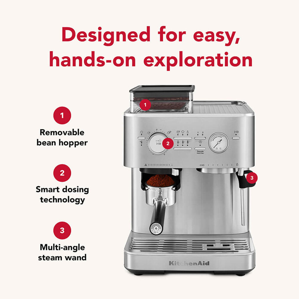 KitchenAid Semi-Automatic Espresso Machine, Integrated Conical Burr Grinder, 15-Bar Pump, Smart Dosing Technology, Professional 58mm Portafilter, Steam Wand, 2.5L Water Tank, Cast Iron Black