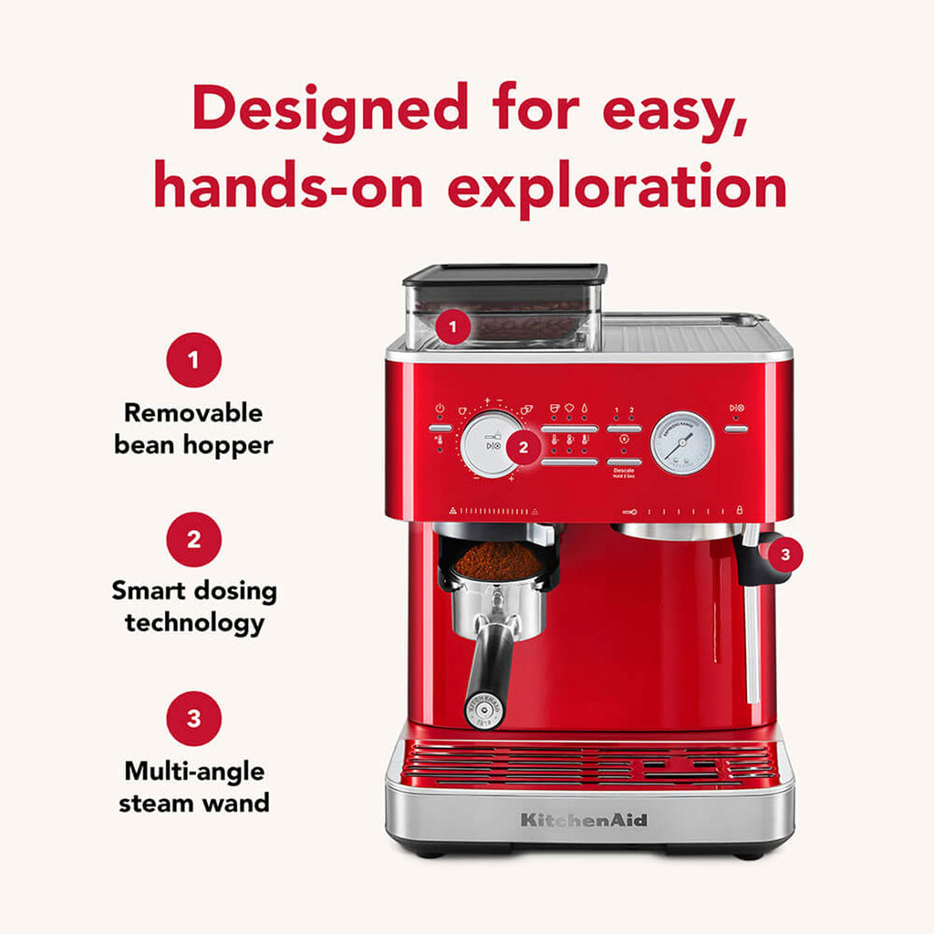 KitchenAid Semi-Automatic Espresso Machine, Integrated Conical Burr Grinder, 15-Bar Pump, Smart Dosing Technology, Professional 58mm Portafilter, Steam Wand, 2.5L Water Tank, Cast Iron Black