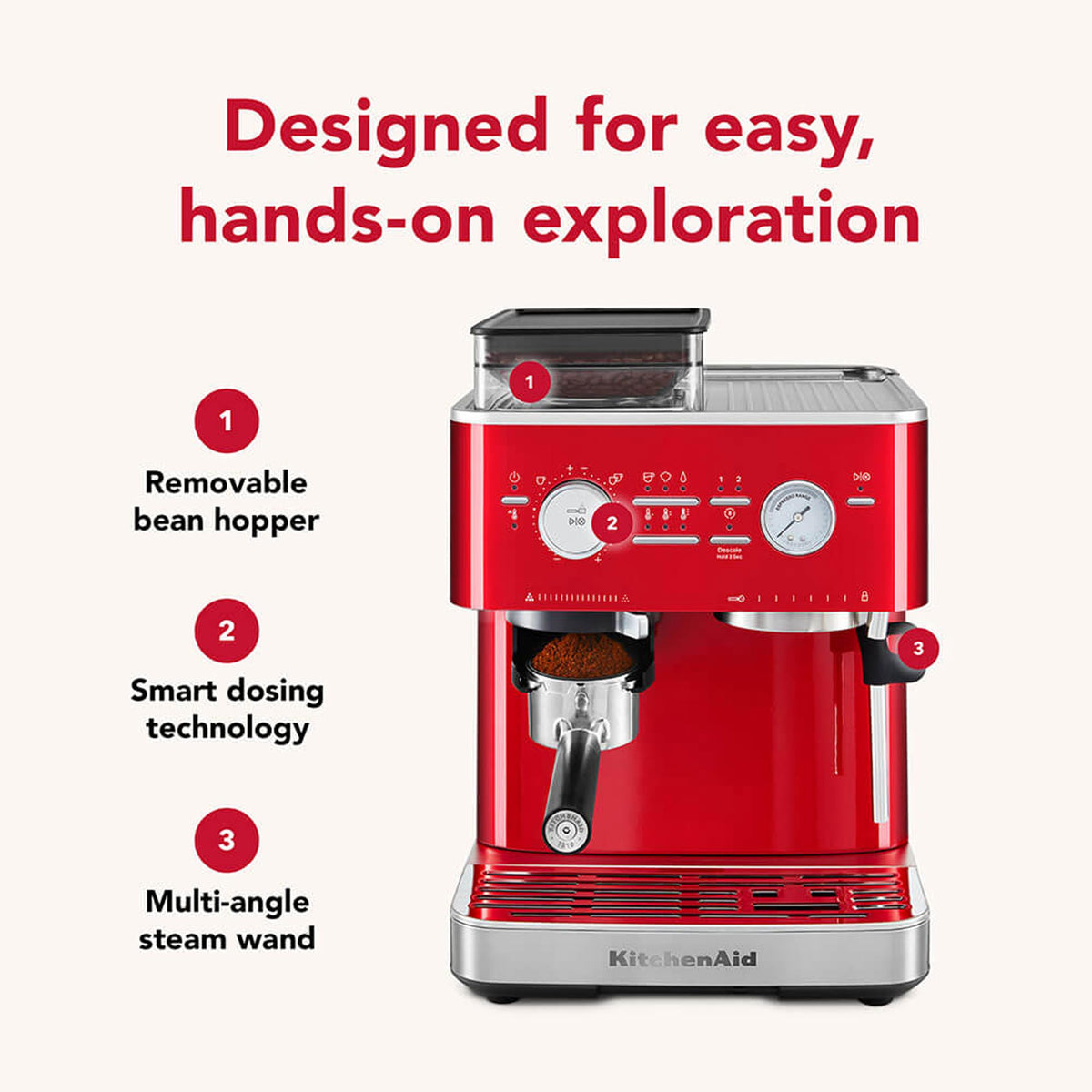 KitchenAid Semi-Automatic Espresso Machine, Integrated Conical Burr Grinder, 15-Bar Pump, Smart Dosing Technology, Professional 58mm Portafilter, Steam Wand, 2.5L Water Tank, Cast Iron Black