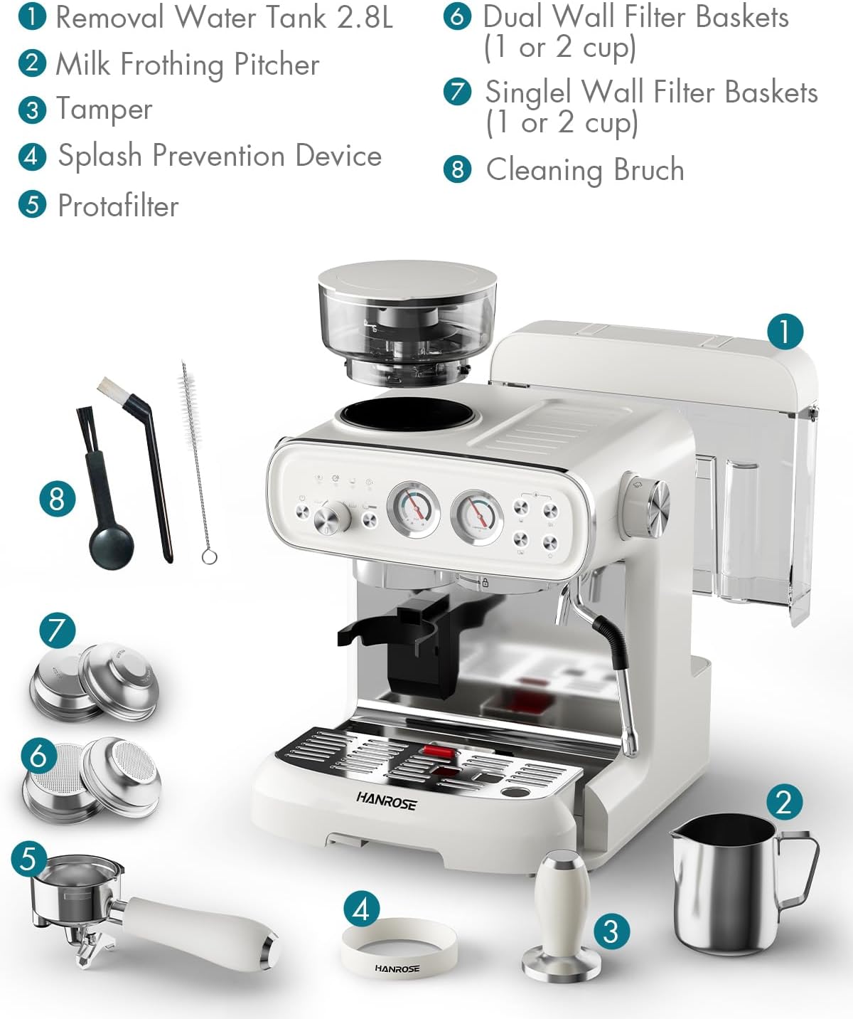 Espresso Machine with Grinder, 20 Bar ULKA Pump, 58mm Portafilter