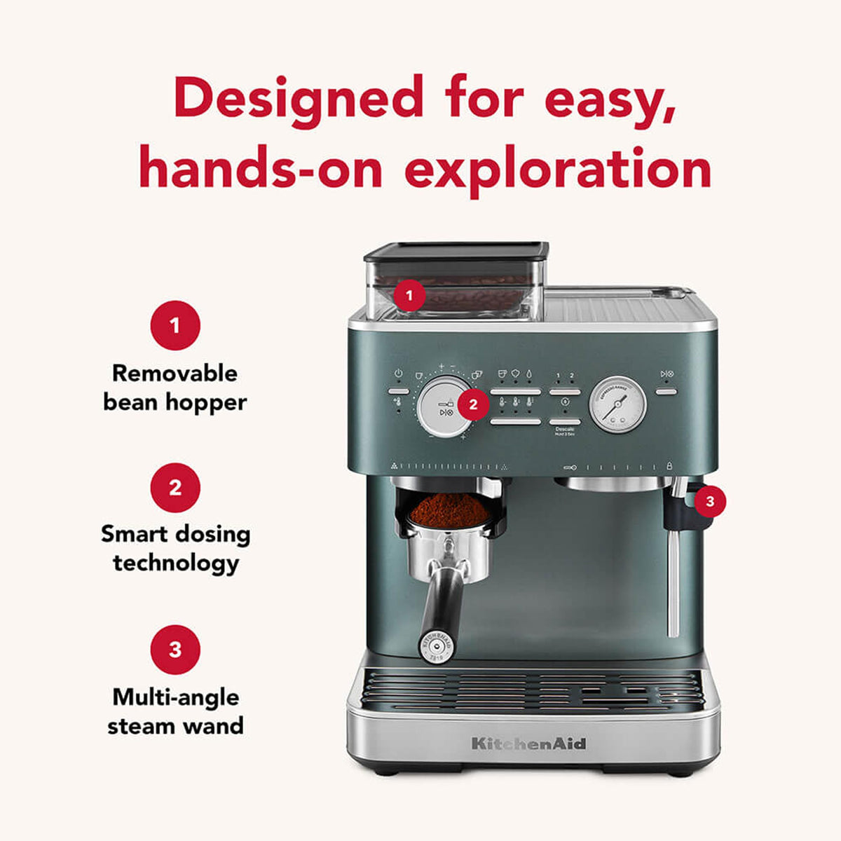 KitchenAid Semi-Automatic Espresso Machine, Integrated Conical Burr Grinder, 15-Bar Pump, Smart Dosing Technology, Professional 58mm Portafilter, Steam Wand, 2.5L Water Tank, Cast Iron Black