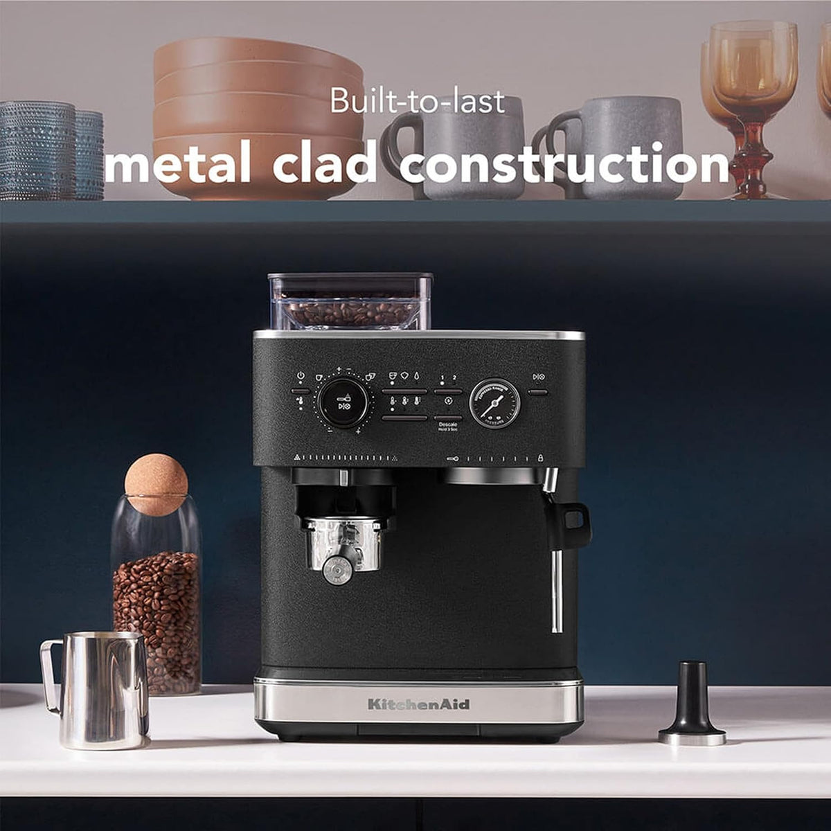 KitchenAid Semi-Automatic Espresso Machine, Integrated Conical Burr Grinder, 15-Bar Pump, Smart Dosing Technology, Professional 58mm Portafilter, Steam Wand, 2.5L Water Tank, Cast Iron Black