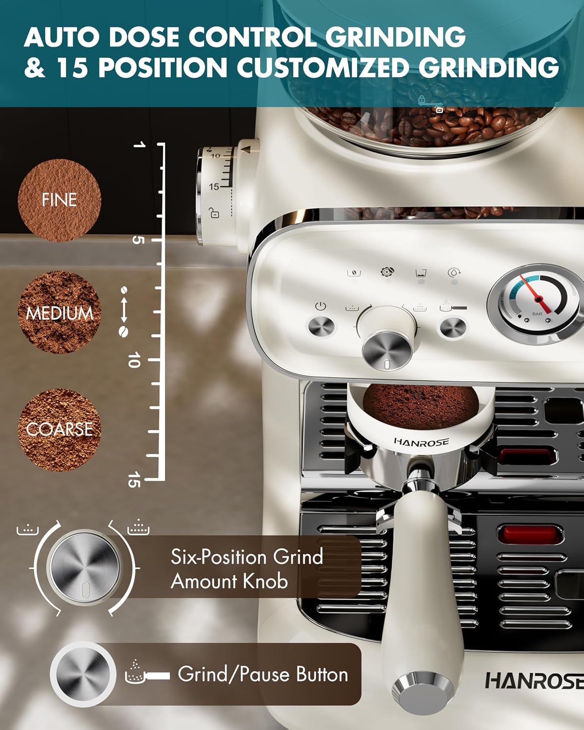 Espresso Machine with Grinder, 20 Bar ULKA Pump, 58mm Portafilter
