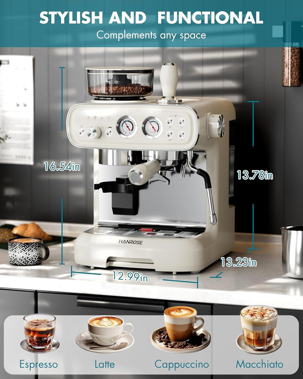 Espresso Machine with Grinder, 20 Bar ULKA Pump, 58mm Portafilter