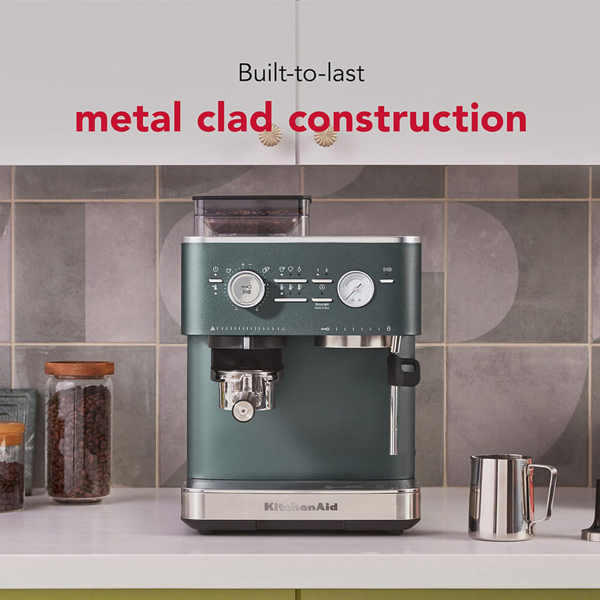 KitchenAid Semi-Automatic Espresso Machine, Integrated Conical Burr Grinder, 15-Bar Pump, Smart Dosing Technology, Professional 58mm Portafilter, Steam Wand, 2.5L Water Tank, Cast Iron Black