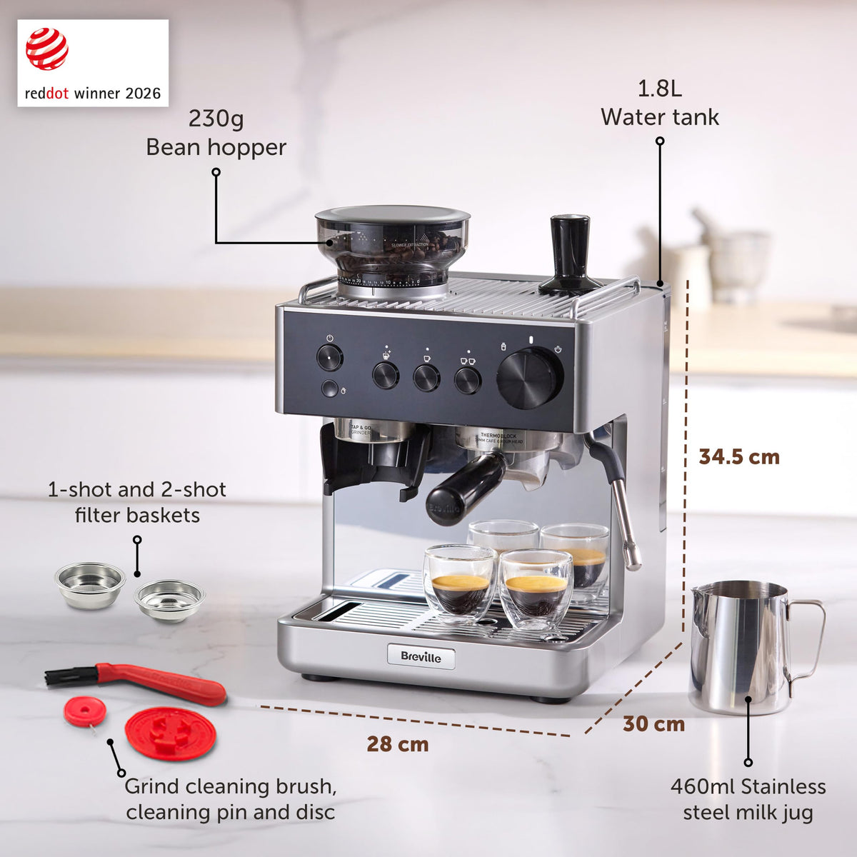 Breville Barista Max Espresso Machine | Latte & Cappuccino Coffee Maker with Integrated Bean Grinder & Steam Wand | 2.8 L Water Tank | 15 Bar Italian Pump | Stainless Steel