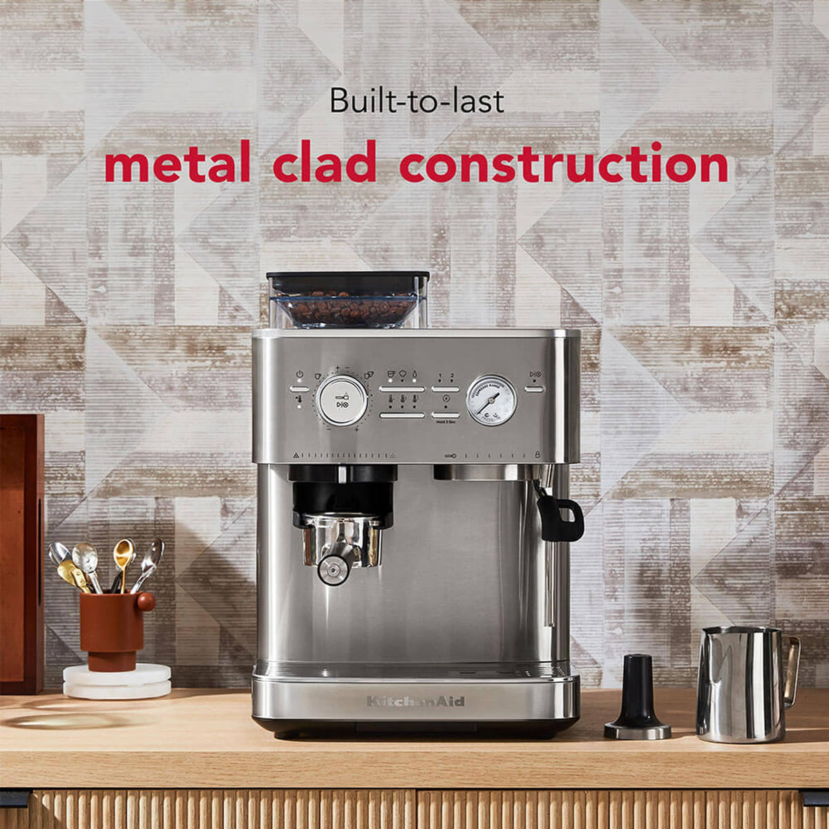 KitchenAid Semi-Automatic Espresso Machine, Integrated Conical Burr Grinder, 15-Bar Pump, Smart Dosing Technology, Professional 58mm Portafilter, Steam Wand, 2.5L Water Tank, Cast Iron Black